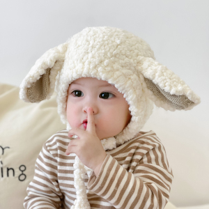 宝宝帽子冬款羊耳朵护耳婴儿毛绒帽男孩女童秋冬季加厚儿童毛线帽