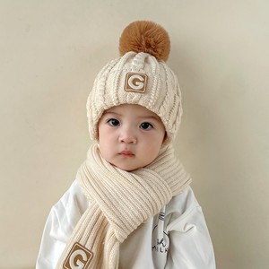 宝宝帽子冬季男童韩版简约毛线帽围巾二件套秋冬天女孩保暖针织帽