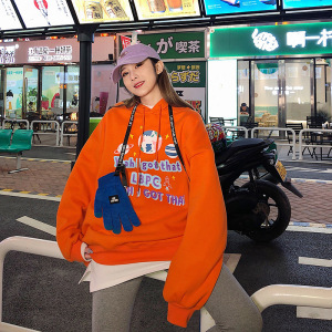 冬季新款橙色连帽卫衣女宽松套头字母星球印花街头潮牌港风外套