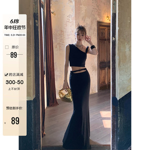IMMR莫代尔黑色设计感针织上衣半裙夏季新款女气质高级鱼尾套装裙