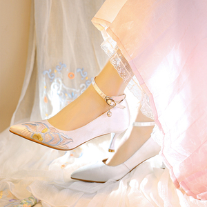 复古旗袍鞋女配礼服的高跟鞋民国风中国风刺绣单鞋尖头细跟高跟鞋