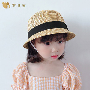 夏天宝宝草帽麦秆小圆帽简约婴儿渔夫帽儿童防晒遮阳帽出游沙滩帽