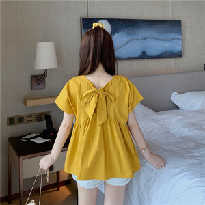 法式小众蝴蝶结无袖娃娃衫女韩版宽松显瘦短袖衬衫洋气百搭上衣夏