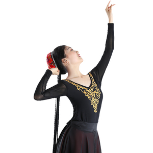 找泛儿新疆舞蹈演出服装维吾尔族回族练功服上衣女成人连体服长袖