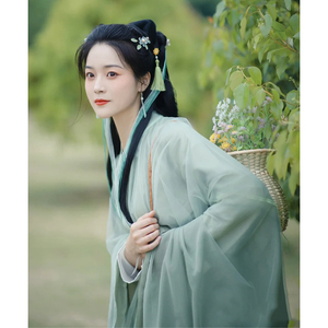 绿色汉服女正品原创夏款魏晋风直裾晋制齐腰襦裙清冷系广袖流仙裙