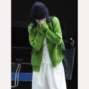 绿色POLO领针织开衫毛衣外套女秋冬2024年新款韩版宽松设计感上衣