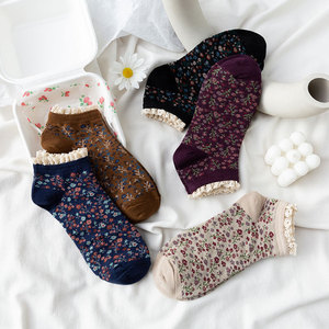 花边袜子女纯棉袜ins潮女士袜日系复古碎花袜四季短筒袜女薄款