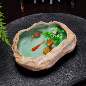 小型陶瓷金鱼缸桌面鱼缸办公室养鱼石头客厅碗莲盆造景鱼缸圆形仿