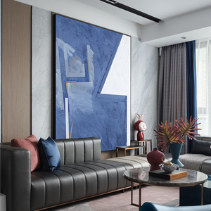 纯手绘油画极简现代浅蓝几何装饰画客厅沙发背景墙装置挂画壁画