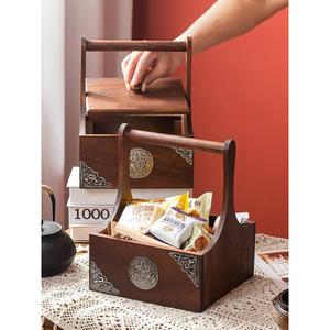 复古实木手提篮果盘泰式篮子水果篮菜篮木制点心盒食盒收纳盒木质