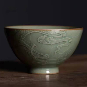 龙泉青瓷严少英茶具纯手工典藏龙腾盛世功夫茶杯陶瓷高端主人杯子