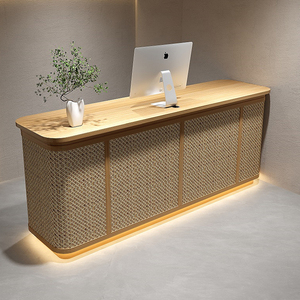 实木藤编收银台侘寂风接待前台新中式民宿茶馆会所柜台美容院吧台