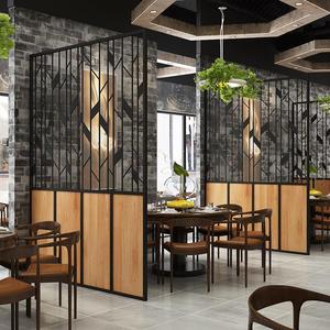 现代餐厅沙发卡座饭店隔断铁艺实木围栏酒吧工业风包间屏风装饰墙