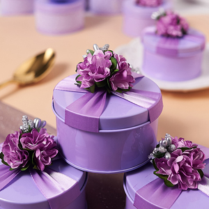 喜糖盒铁盒紫色圆形免折叠年新款摆桌高级小礼盒费列罗2颗马口铁