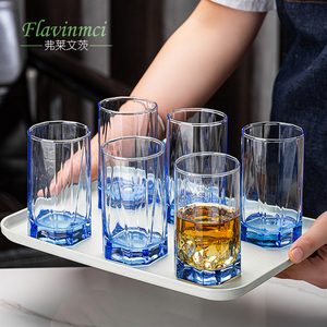 弗莱文茨宝石蓝色料钢化玻璃水杯耐热杯子酒杯6只装八角玻璃杯