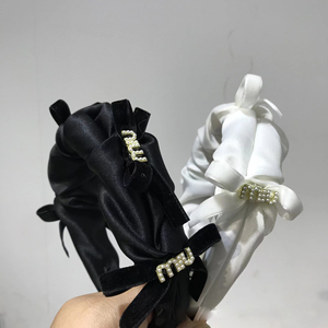早春miu字母珍珠蝴蝶结手作发箍小米珠镶嵌仙女显瘦高颅顶头箍 女