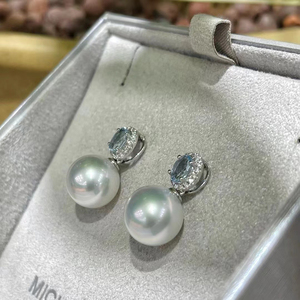 「海洋之泪」18k钻石白金海蓝宝澳白耳钉气质优雅高品质海水珍珠