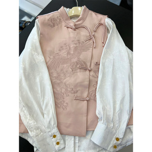 新中式独特上衣超好看两件套装早春装女国风粉色马甲马褂叠穿衬衫