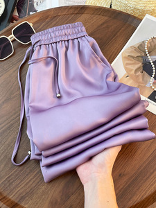高腰垂感紫色铜氨丝阔腿裤女2024年新款高级感直筒显瘦拖地长裤子