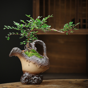 复古粗陶多肉花盆陶瓷透气陶罐文竹六月雪造景盆景盆手工切口破缸