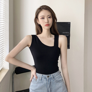 黑色斜肩吊带小背心女夏无袖t恤 性感内搭露肩外穿美背打底上衣潮