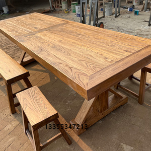 老榆木餐桌实木长方形家用轻奢家具做旧漫咖啡桌椅美式欧式长桌子