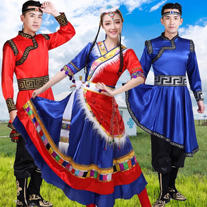 新款藏族舞蹈演出服男女成人藏族水袖卓玛演出服装蒙古民族表演服
