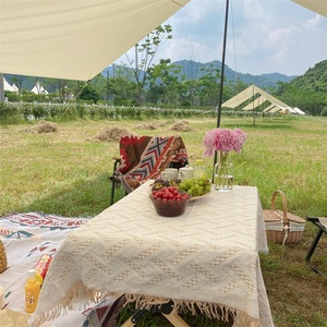 北欧纯色户外桌布流苏高级感盖布巾露营野餐垫多用途毯子帐篷台布