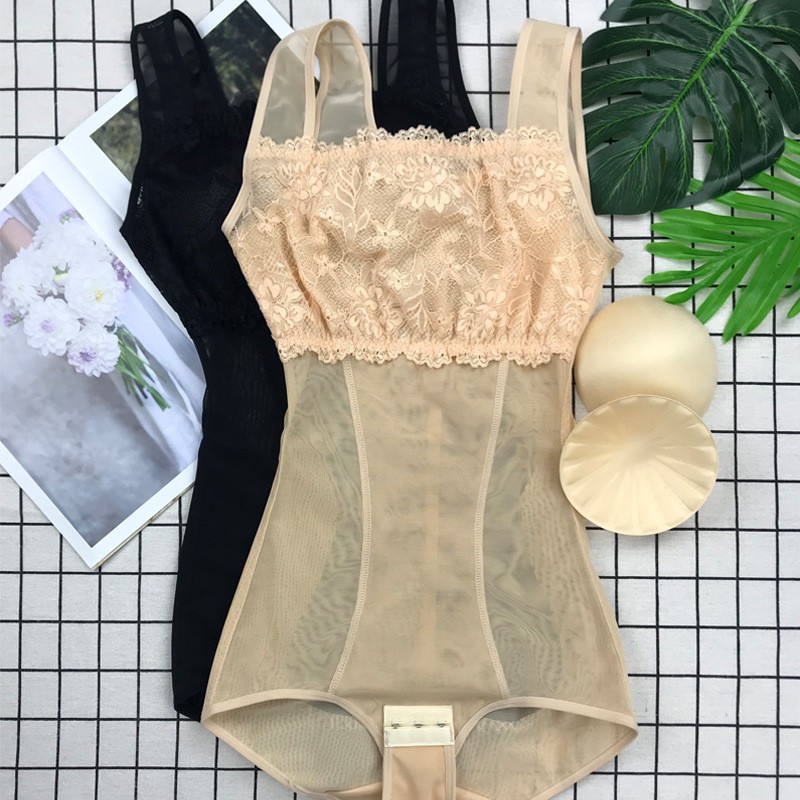 一字肩带胸垫抹胸超薄塑身连体衣女三角排扣收腹提臂内衣美体衣00