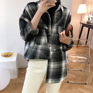 磨毛黑白格子衬衫外套女秋冬季小个子加厚打底内搭衬衣叠穿两件套