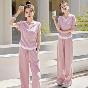粉色休闲运动套装女2024夏季新款时尚洋气减龄卫衣阔腿长裤两件套