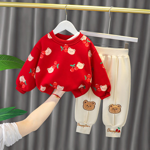 女童秋冬两件套装洋气儿童衣服女婴儿早冬装一岁宝宝加绒红色卫衣