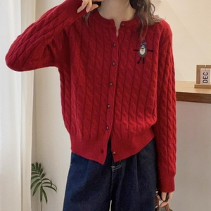 刺绣麻花设计感小众针织开衫外套女新年红毛衣秋冬内搭打底衫上衣