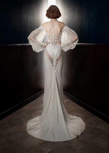 性感鱼尾婚纱可拆卸拖尾网红吉娜爱丽丝款一字肩泡泡袖复古礼服