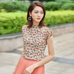 正品哥弟新款2021女夏装修身网纱百搭碎花立领短袖弹力衬衫t恤