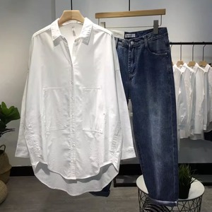 2023年秋季韩版宽松双口袋中长款白色衬衫女士设计感bf风休闲衬衣
