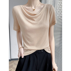 韩版设计感纯色冰丝针织衫女2024年夏季新款堆堆领薄款短袖打底衫