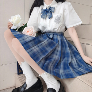 原创【遗梦鲸】蓝色jk格裙学生制服半身裙清新高腰短裙百褶裙夏季