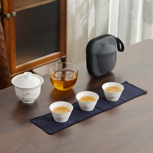 羊脂玉便携式旅行茶具小套装收纳包陶瓷户外泡茶盖碗快客一壶三杯