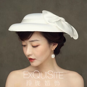 女士式白色礼帽法式优雅时尚名媛晚宴大蝴蝶结帽檐秋婚纱写真摄影
