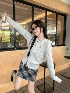 JAMUU新款韩系粗麻花刺绣针织开衫女士秋冬学院风百搭外套上衣
