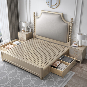 轻奢风美式实木床主卧大床现代简约储物公主床1.8m欧式软靠包婚床