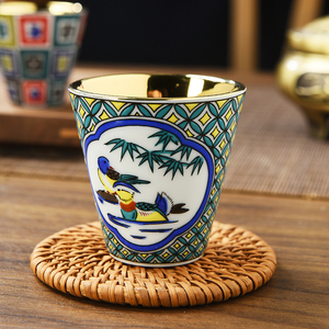 日本-九谷烧鎏金陶瓷主人品茗杯复古小茶杯白酒清酒杯子茶托茶盏