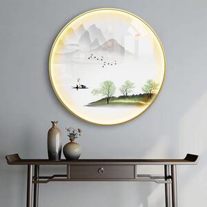 入户玄关装饰画圆形带灯画新中式山水画过道走廊壁画进门发光挂画
