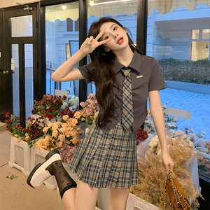 学院风jk制服套装裙女夏小个子盐系时尚穿搭衬衫格子百褶裙两件套