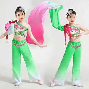 水袖舞蹈服装女单肩长袖古典中国风民族舞儿童且吟春雨表演舞蹈服