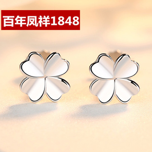 老凤祥和s999四叶草耳环简约冷淡风耳钉女纯银小巧网红耳夹耳饰品