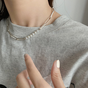 气质轻奢珍珠项链女韩版S925银时尚个性几何锁骨链百搭毛衣链潮