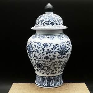 民国青花缠枝莲将军罐无釉薄胎花瓶古玩古董民间老物件收藏品摆件