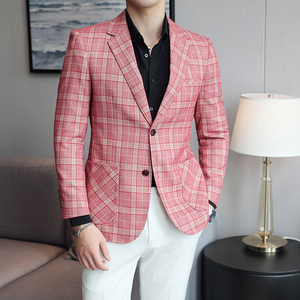 春季发型师青年格子单西服男士修身韩版潮流粉红色小西装休闲外套